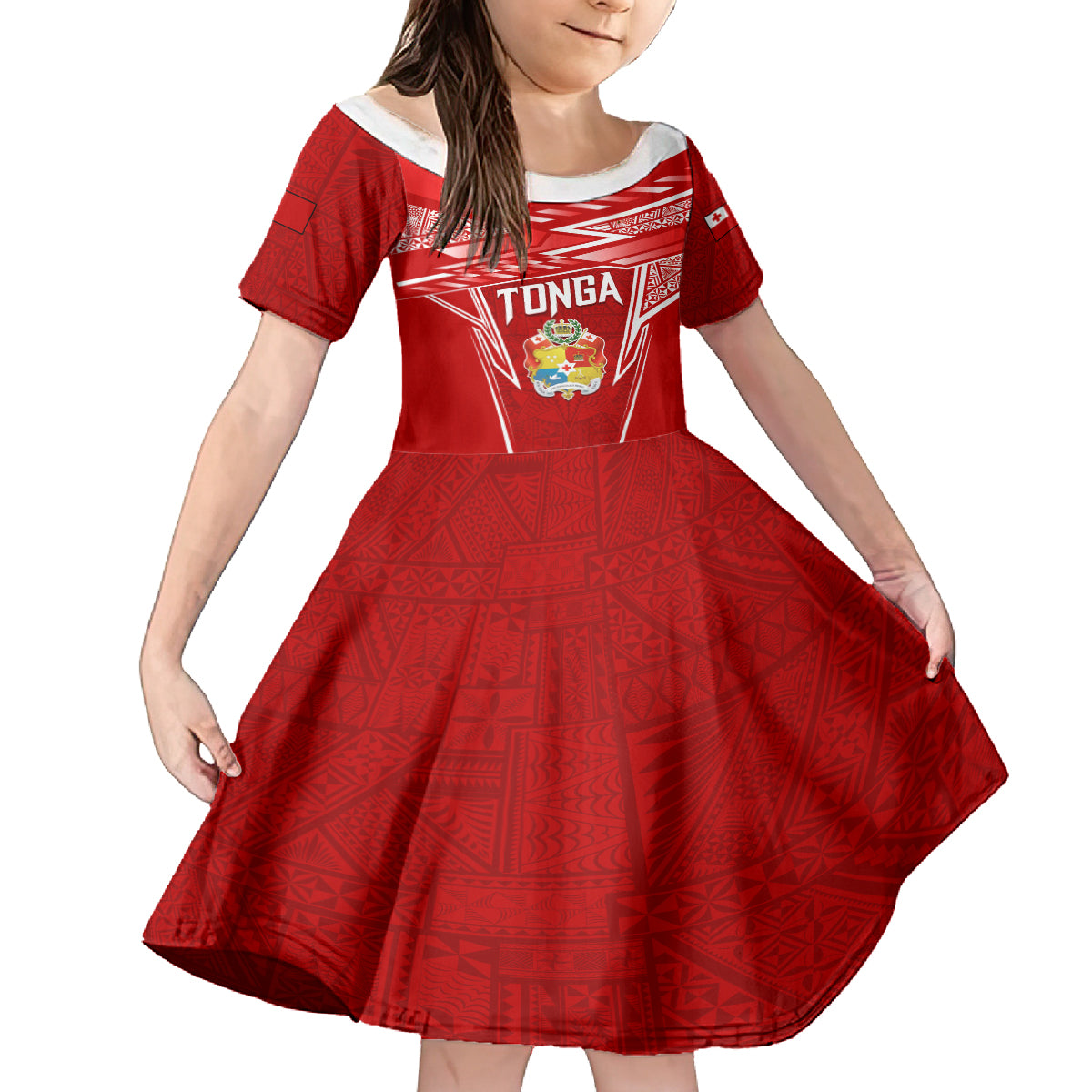 Custom Tonga Rugby Family Matching Long Sleeve Bodycon Dress and Hawaiian Shirt Kupesi Ngatu Pattern LT05 Daughter's Dress Red - Polynesian Pride