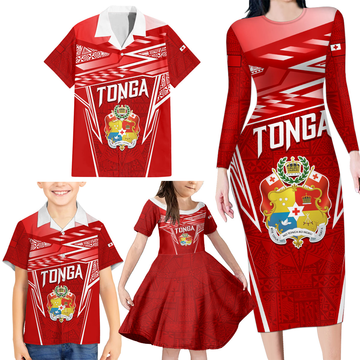 Custom Tonga Rugby Family Matching Long Sleeve Bodycon Dress and Hawaiian Shirt Kupesi Ngatu Pattern LT05 - Polynesian Pride