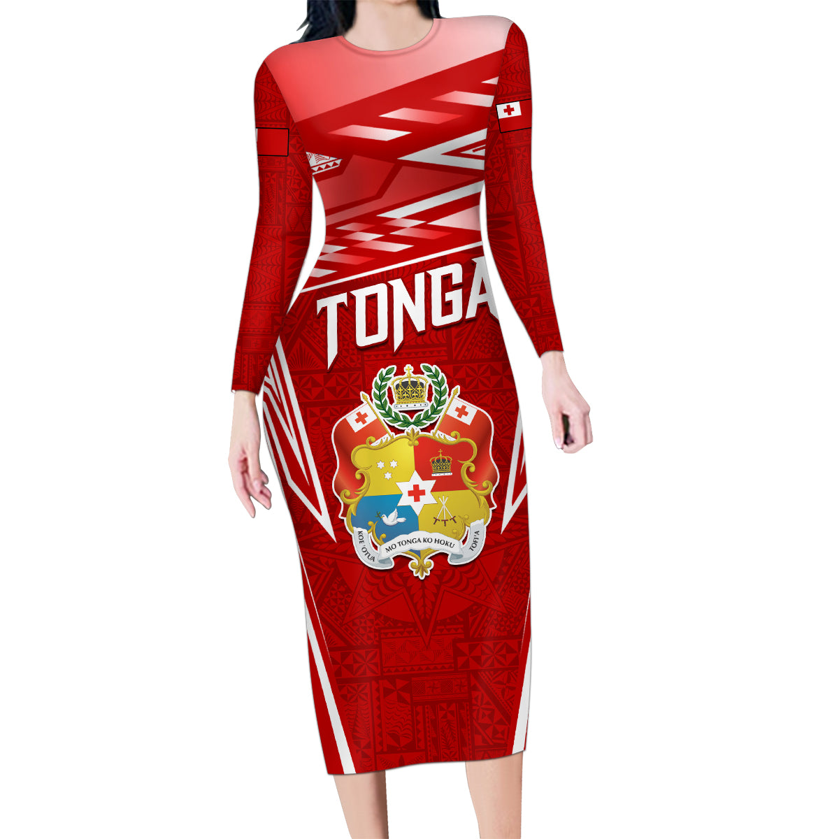 Custom Tonga Rugby Family Matching Long Sleeve Bodycon Dress and Hawaiian Shirt Kupesi Ngatu Pattern LT05 Mom's Dress Red - Polynesian Pride