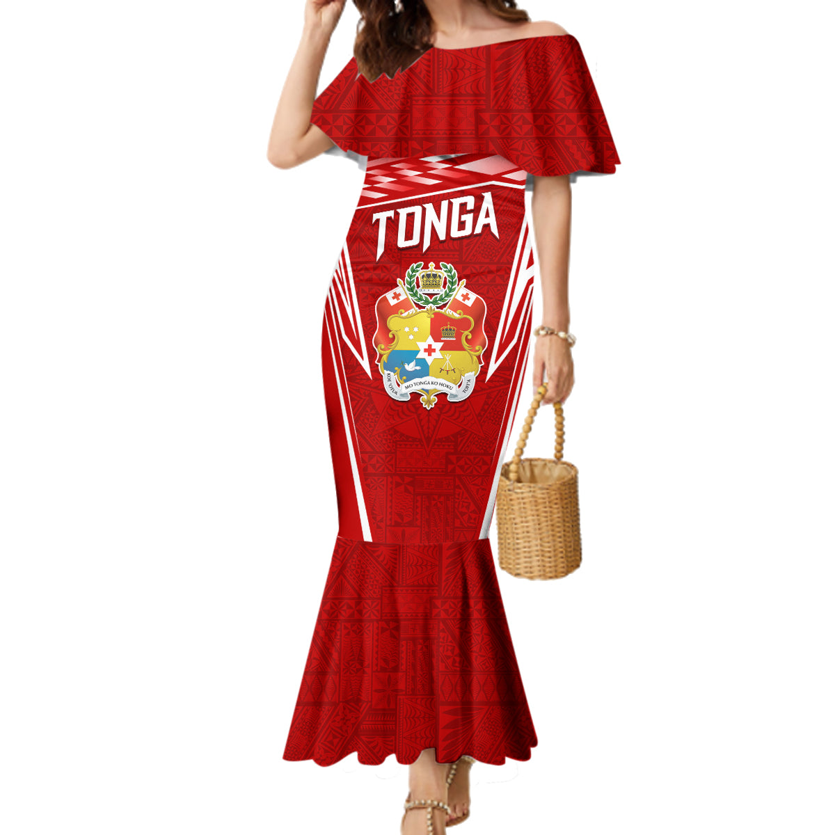 Custom Tonga Rugby Family Matching Mermaid Dress and Hawaiian Shirt Kupesi Ngatu Pattern LT05 Mom's Dress Red - Polynesian Pride