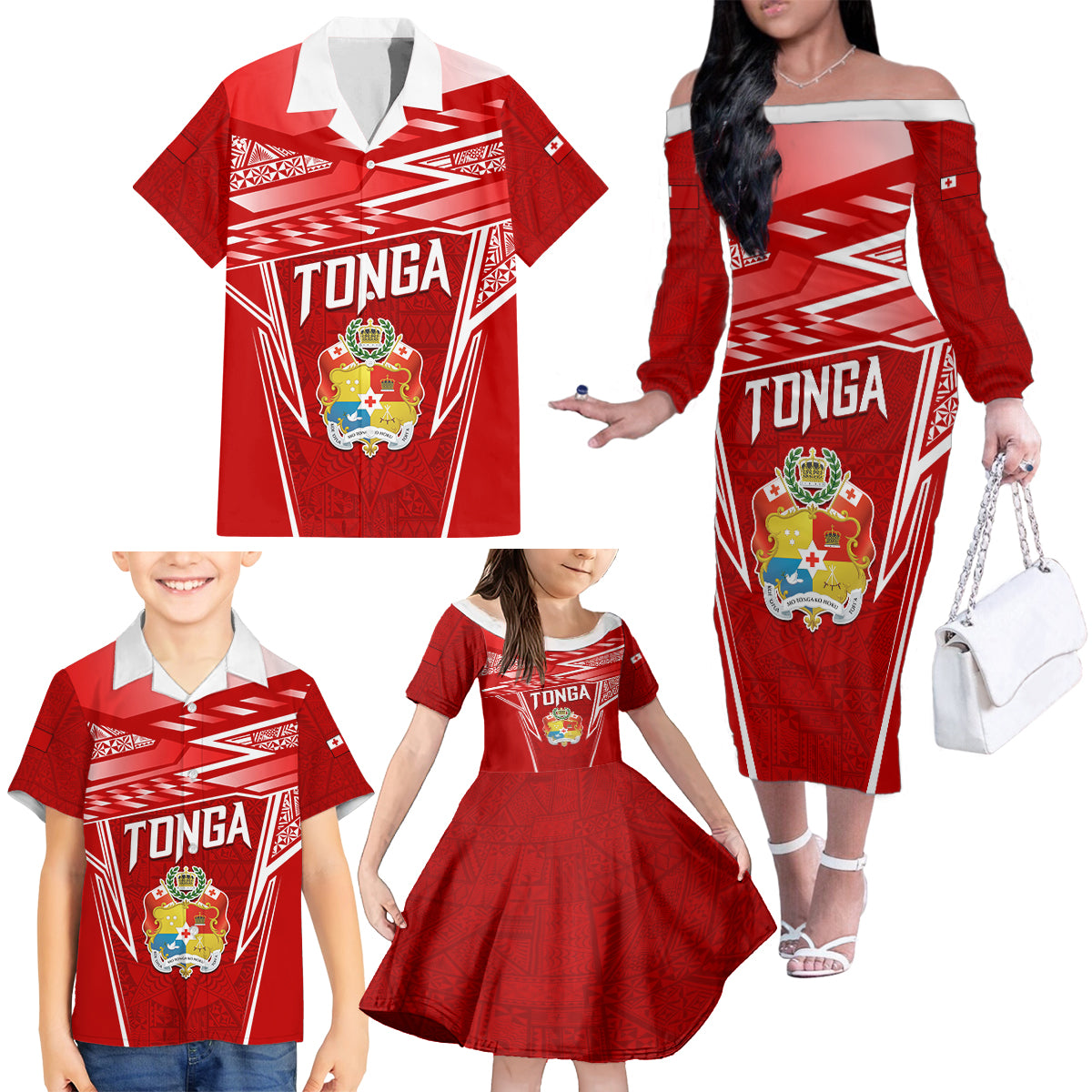Custom Tonga Rugby Family Matching Off The Shoulder Long Sleeve Dress and Hawaiian Shirt Kupesi Ngatu Pattern LT05 - Polynesian Pride