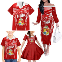 Custom Tonga Rugby Family Matching Off The Shoulder Long Sleeve Dress and Hawaiian Shirt Kupesi Ngatu Pattern LT05 - Polynesian Pride