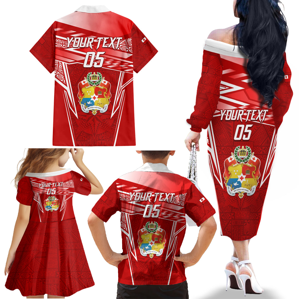 Custom Tonga Rugby Family Matching Off The Shoulder Long Sleeve Dress and Hawaiian Shirt Kupesi Ngatu Pattern LT05 - Polynesian Pride
