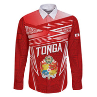 Custom Tonga Rugby Family Matching Off The Shoulder Long Sleeve Dress and Hawaiian Shirt Kupesi Ngatu Pattern LT05 Dad's Shirt - Long Sleeve Red - Polynesian Pride