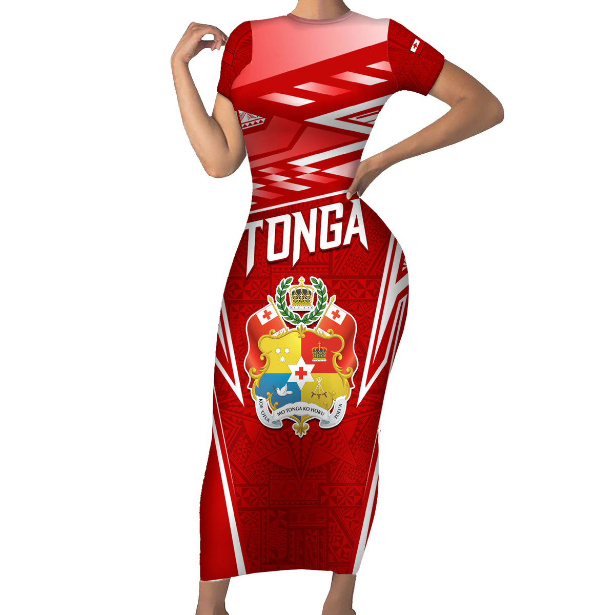 Custom Tonga Rugby Family Matching Short Sleeve Bodycon Dress and Hawaiian Shirt Kupesi Ngatu Pattern LT05 Mom's Dress Red - Polynesian Pride
