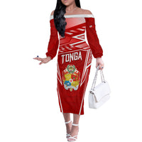 Custom Tonga Rugby Off The Shoulder Long Sleeve Dress Kupesi Ngatu Pattern LT05 Women Red - Polynesian Pride
