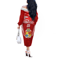 Custom Tonga Rugby Off The Shoulder Long Sleeve Dress Kupesi Ngatu Pattern LT05 - Polynesian Pride