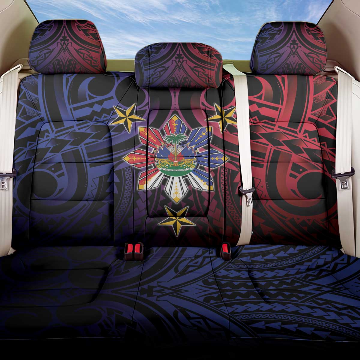 Haiti Philippines Back Car Seat Cover Haitian Coat Of Arms With Filipino Sun LT05 One Size Black - Polynesian Pride
