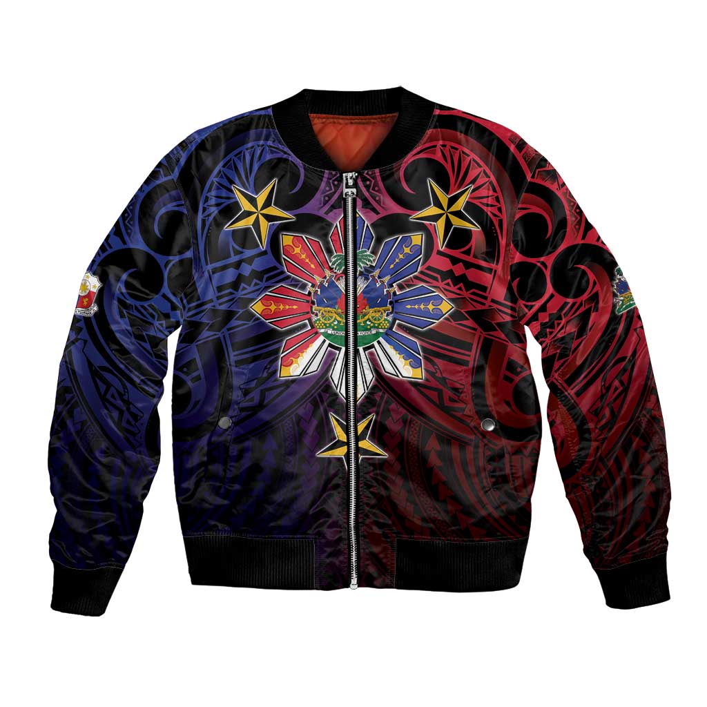 Haiti Philippines Bomber Jacket Haitian Coat Of Arms With Filipino Sun LT05 Unisex Black - Polynesian Pride