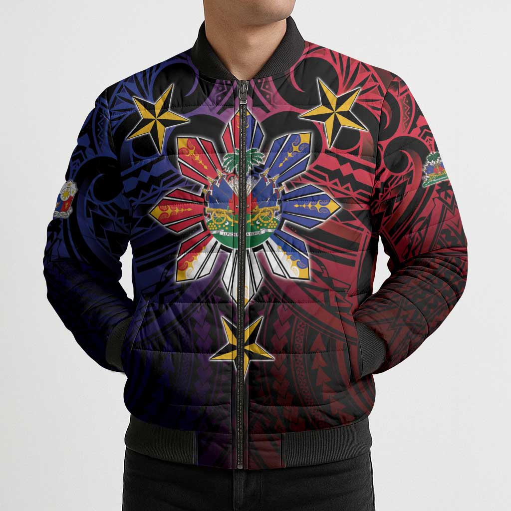 Haiti Philippines Bomber Puffer Jacket Haitian Coat Of Arms With Filipino Sun