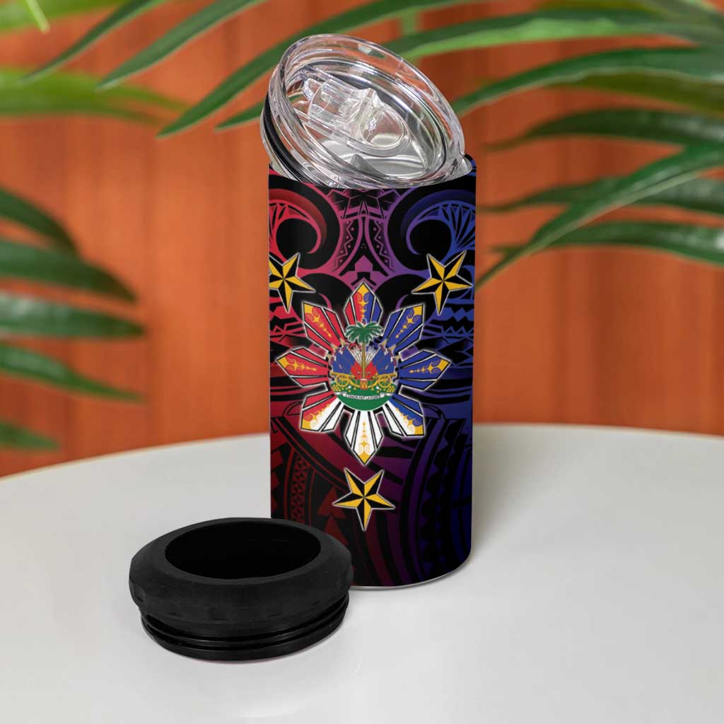 Haiti Philippines 4 in 1 Can Cooler Tumbler Haitian Coat Of Arms With Filipino Sun LT05 - Polynesian Pride