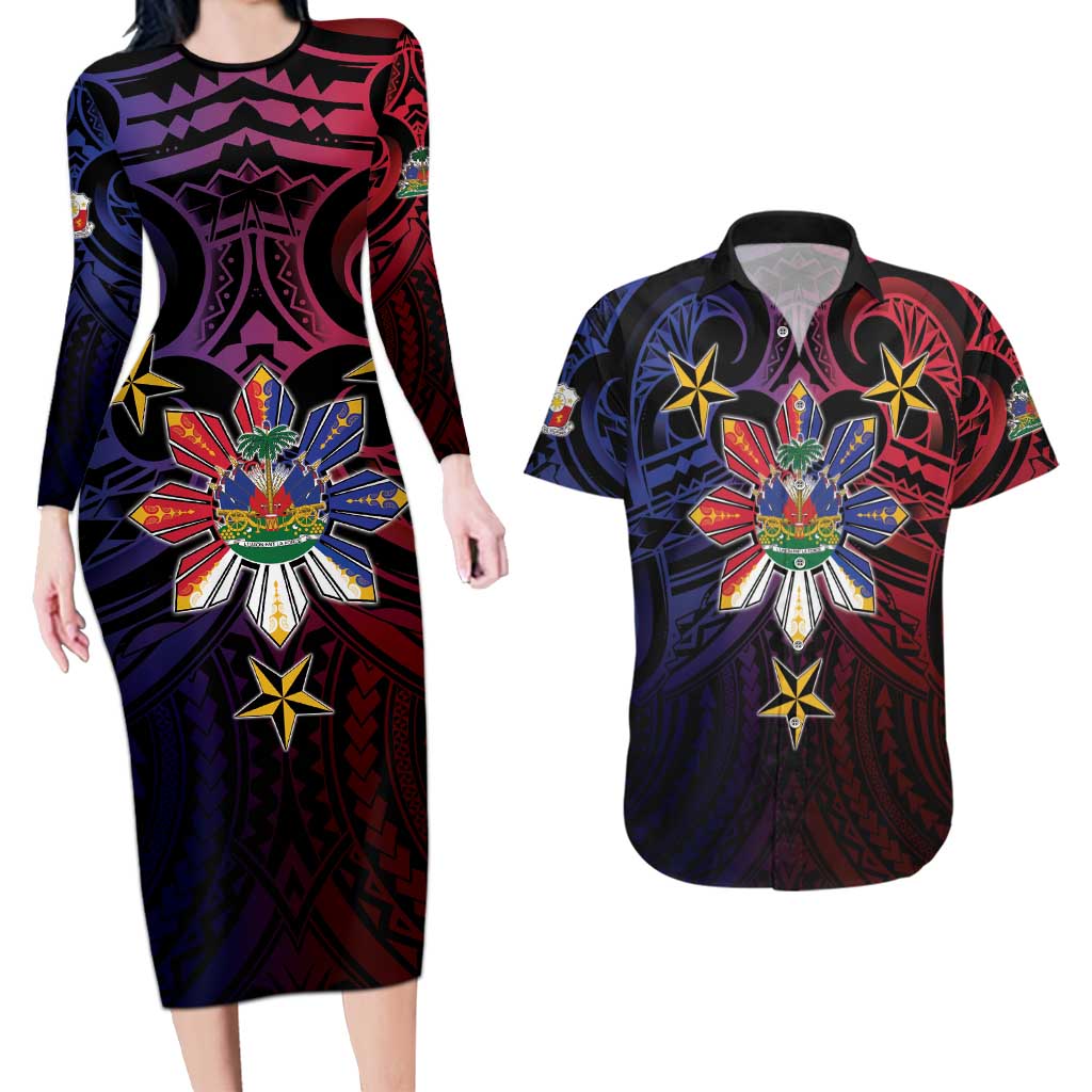 Haiti Philippines Couples Matching Long Sleeve Bodycon Dress and Hawaiian Shirt Haitian Coat Of Arms With Filipino Sun LT05 Black - Polynesian Pride