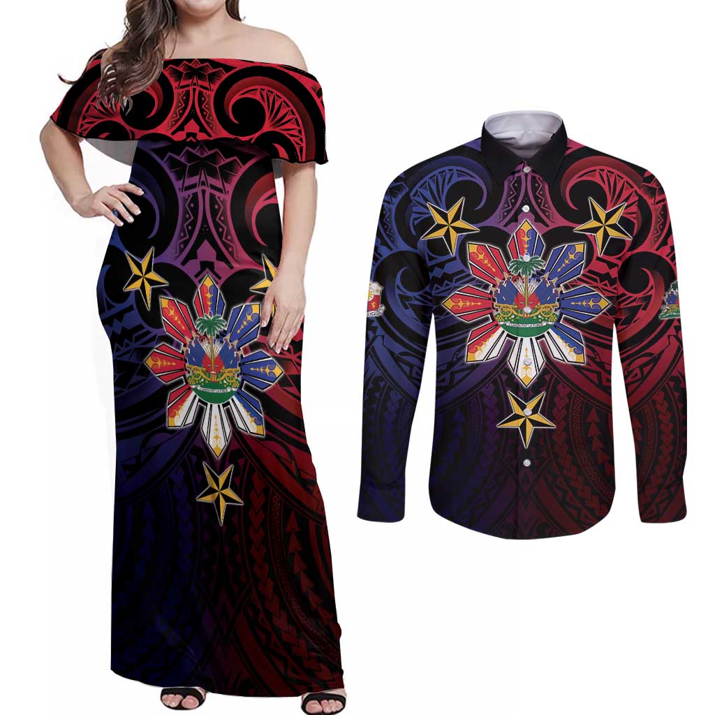 Haiti Philippines Couples Matching Off Shoulder Maxi Dress and Long Sleeve Button Shirt Haitian Coat Of Arms With Filipino Sun LT05 Black - Polynesian Pride