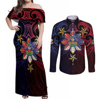 Haiti Philippines Couples Matching Off Shoulder Maxi Dress and Long Sleeve Button Shirt Haitian Coat Of Arms With Filipino Sun LT05 Black - Polynesian Pride