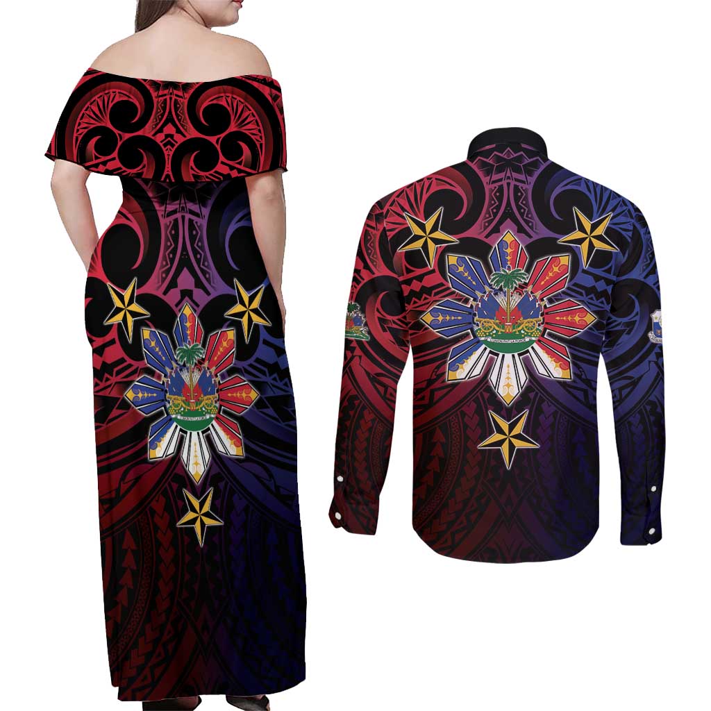 Haiti Philippines Couples Matching Off Shoulder Maxi Dress and Long Sleeve Button Shirt Haitian Coat Of Arms With Filipino Sun LT05 - Polynesian Pride