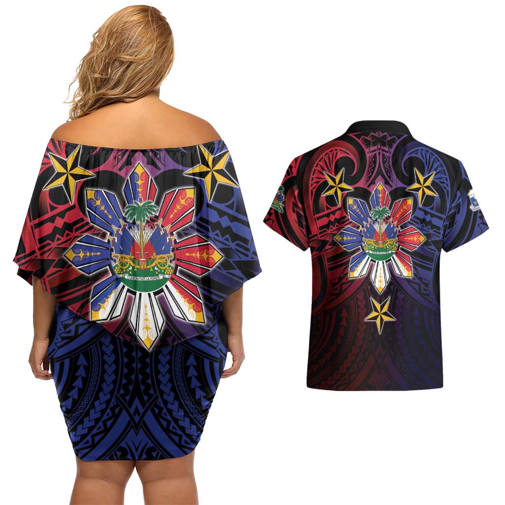 Haiti Philippines Couples Matching Off Shoulder Short Dress and Hawaiian Shirt Haitian Coat Of Arms With Filipino Sun LT05 - Polynesian Pride