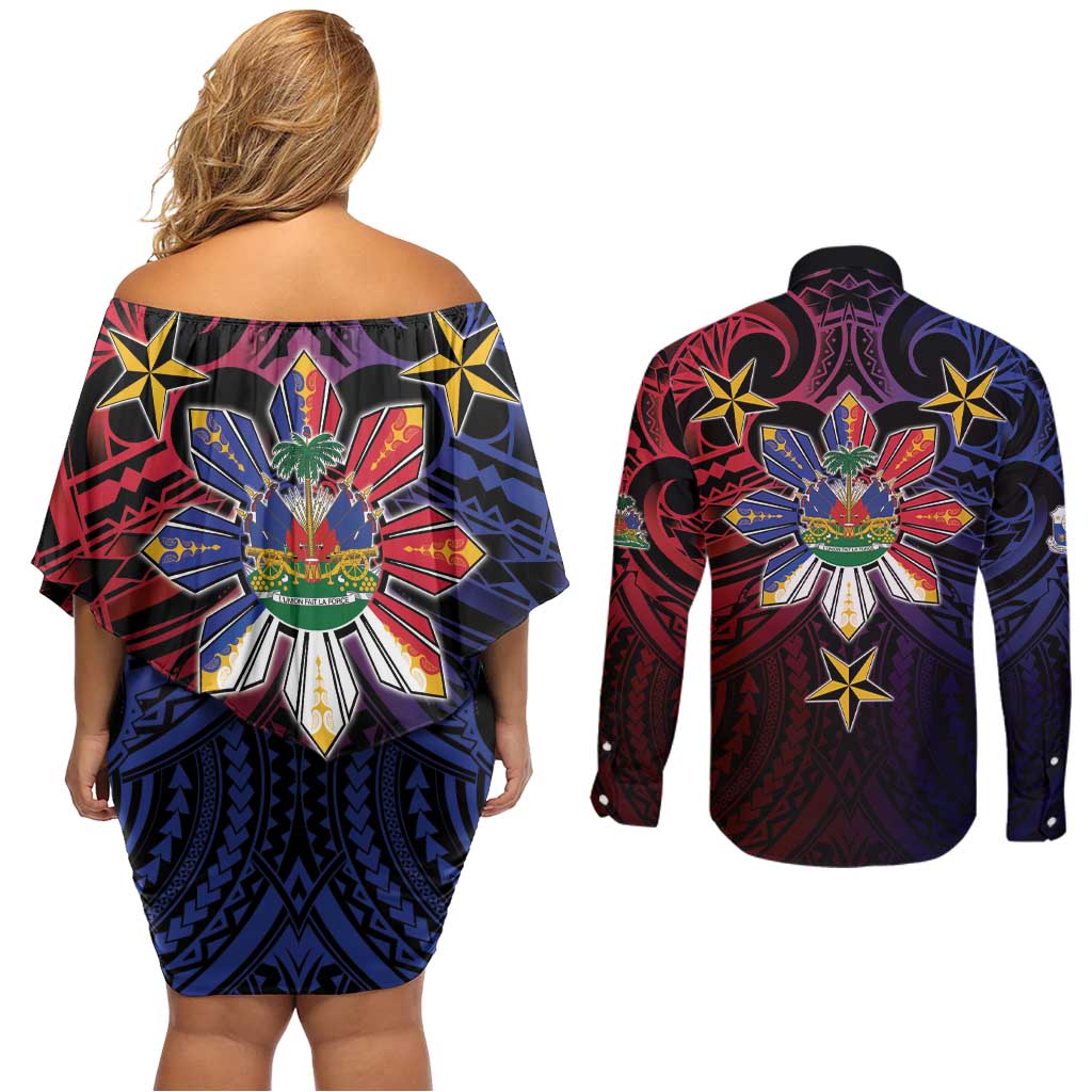 Haiti Philippines Couples Matching Off Shoulder Short Dress and Long Sleeve Button Shirt Haitian Coat Of Arms With Filipino Sun LT05 - Polynesian Pride