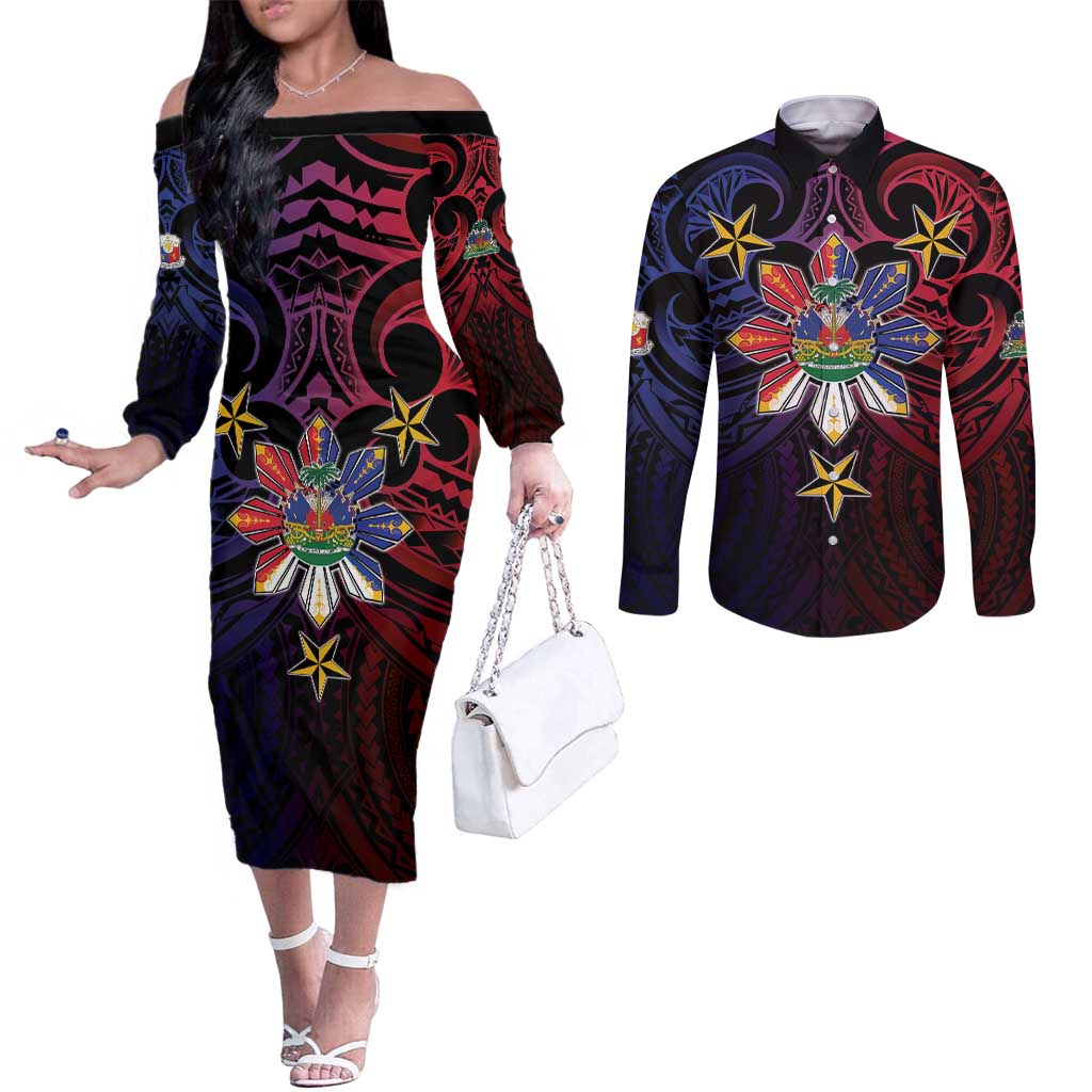 Haiti Philippines Couples Matching Off The Shoulder Long Sleeve Dress and Long Sleeve Button Shirt Haitian Coat Of Arms With Filipino Sun LT05 Black - Polynesian Pride