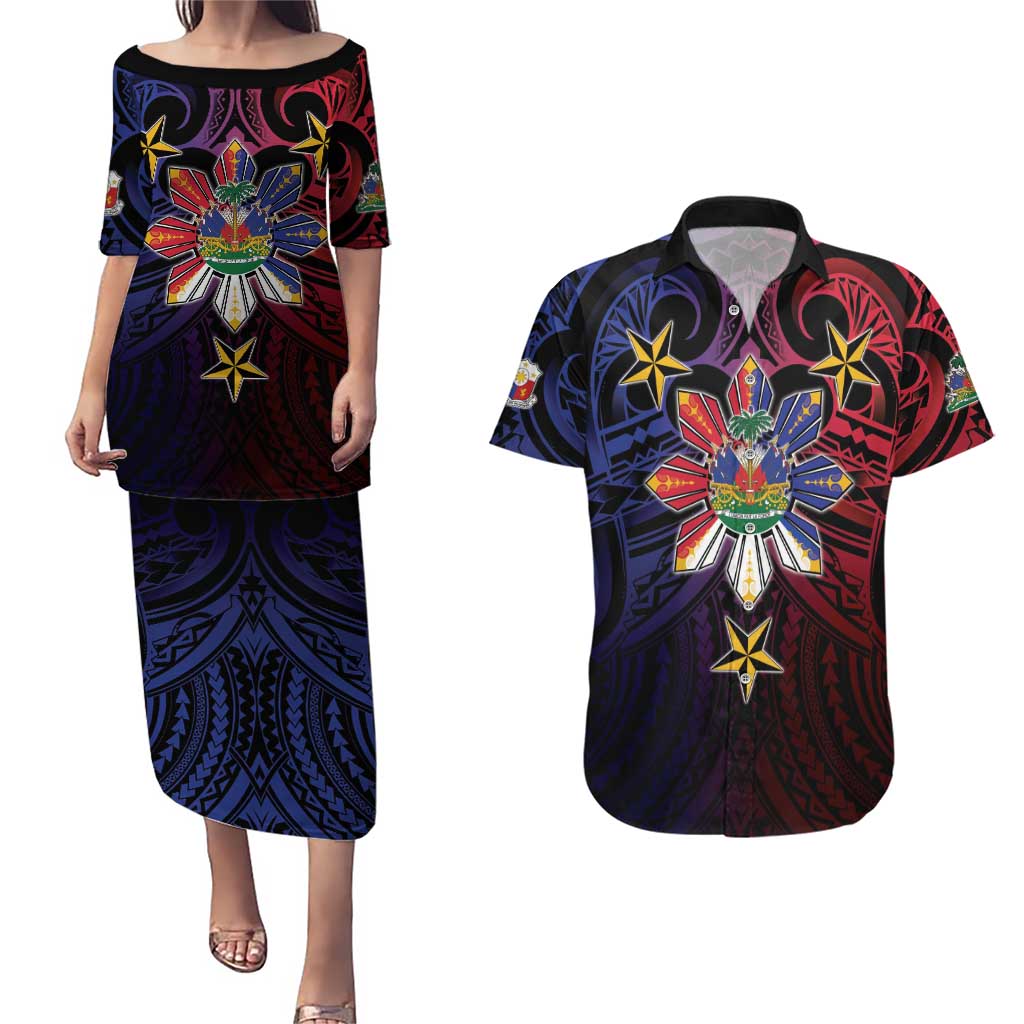 Haiti Philippines Couples Matching Puletasi and Hawaiian Shirt Haitian Coat Of Arms With Filipino Sun LT05 Black - Polynesian Pride