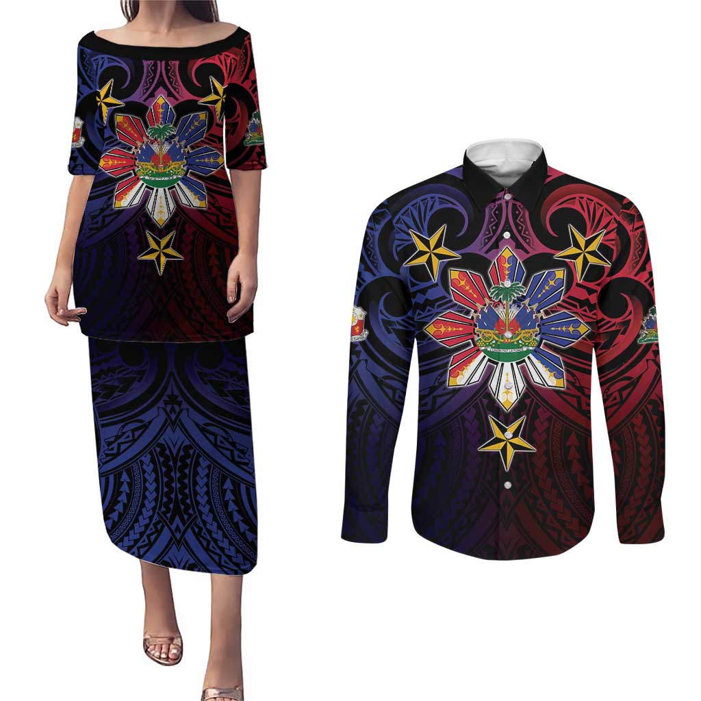 Haiti Philippines Couples Matching Puletasi and Long Sleeve Button Shirt Haitian Coat Of Arms With Filipino Sun