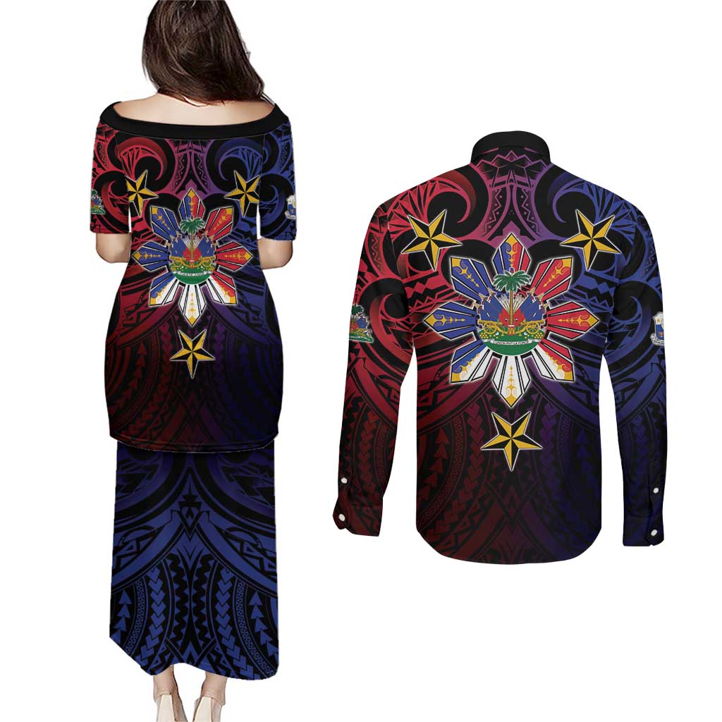 Haiti Philippines Couples Matching Puletasi and Long Sleeve Button Shirt Haitian Coat Of Arms With Filipino Sun LT05 - Polynesian Pride