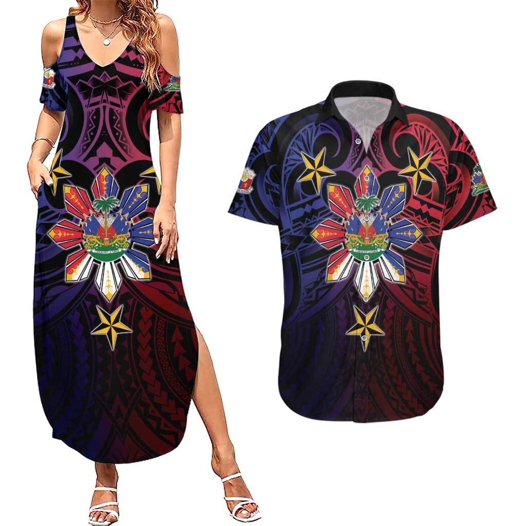 Haiti Philippines Couples Matching Summer Maxi Dress and Hawaiian Shirt Haitian Coat Of Arms With Filipino Sun LT05 Black - Polynesian Pride