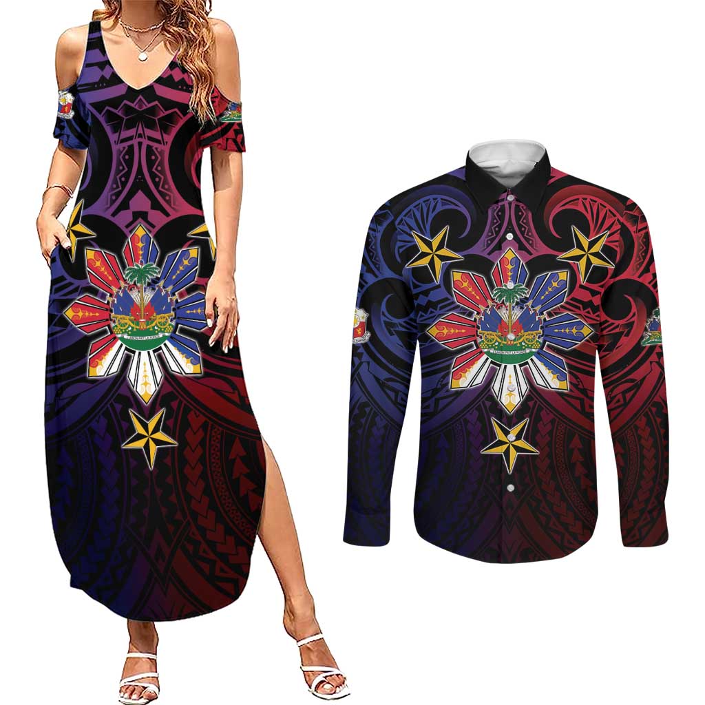 Haiti Philippines Couples Matching Summer Maxi Dress and Long Sleeve Button Shirt Haitian Coat Of Arms With Filipino Sun