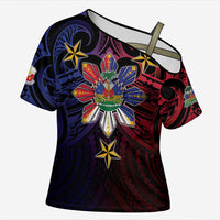 Haiti Philippines Cross Shoulder Shirt Haitian Coat Of Arms With Filipino Sun LT05 Female Black - Polynesian Pride