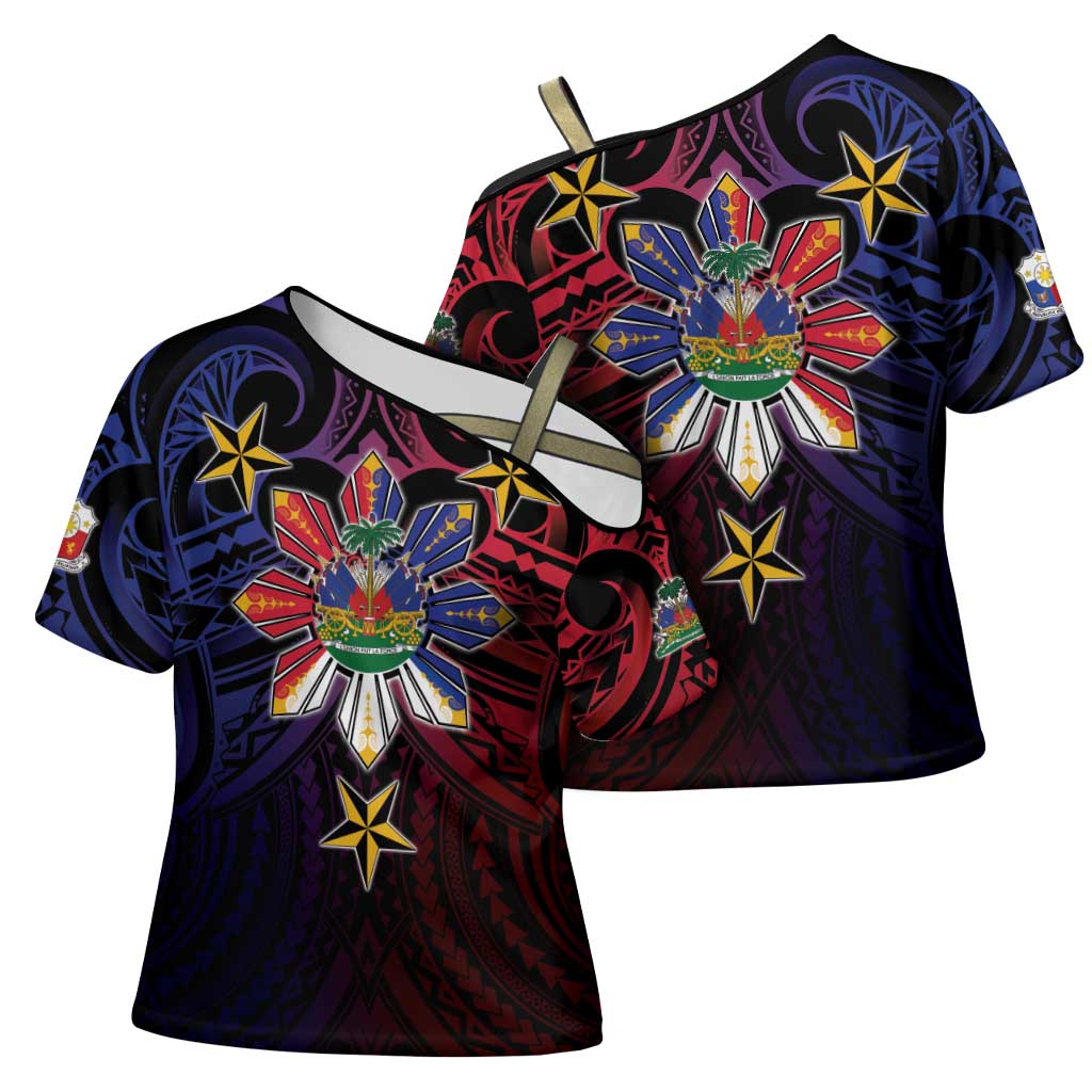 Haiti Philippines Cross Shoulder Shirt Haitian Coat Of Arms With Filipino Sun LT05 - Polynesian Pride