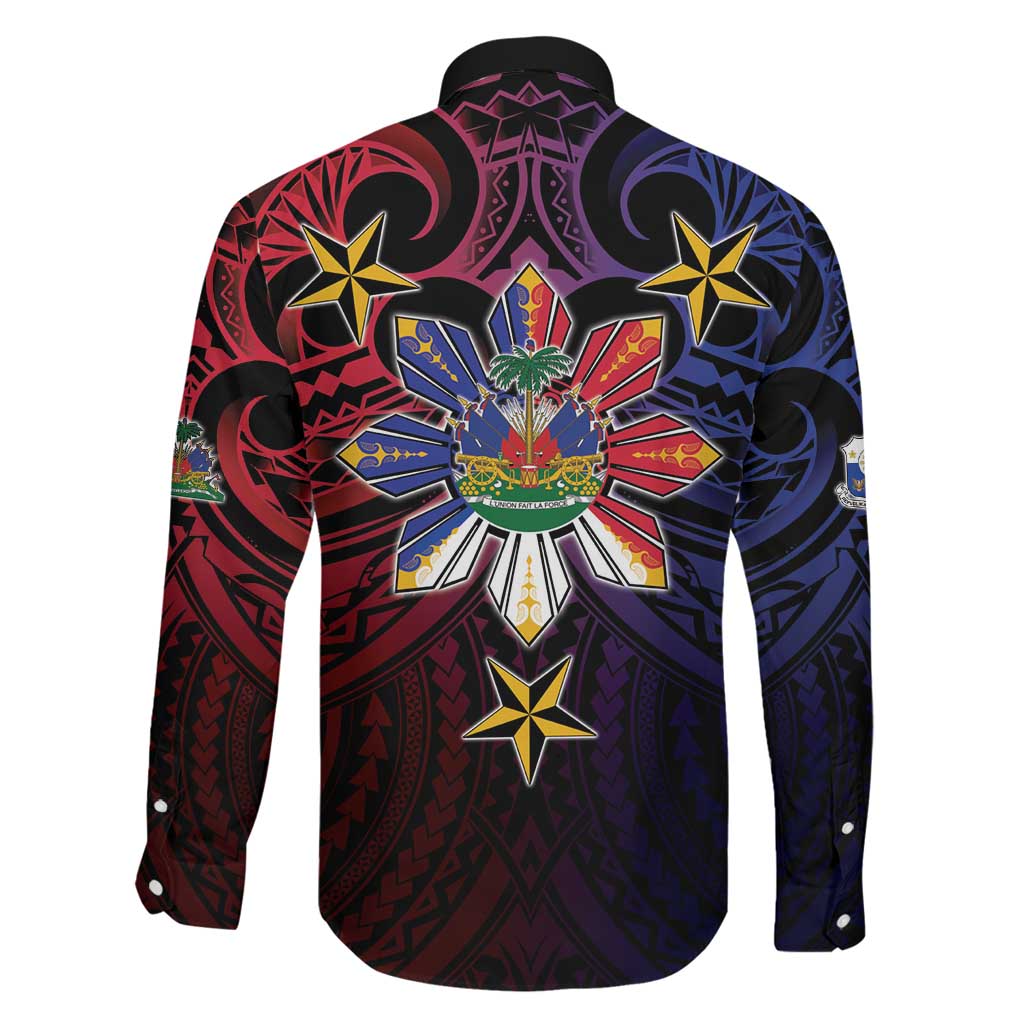 Haiti Philippines Family Matching Long Sleeve Bodycon Dress and Hawaiian Shirt Haitian Coat Of Arms With Filipino Sun LT05 - Polynesian Pride