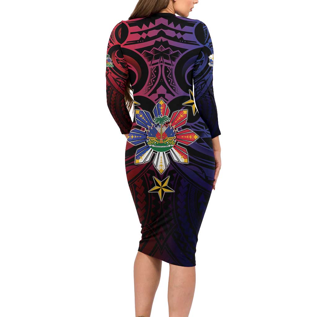 Haiti Philippines Family Matching Long Sleeve Bodycon Dress and Hawaiian Shirt Haitian Coat Of Arms With Filipino Sun LT05 - Polynesian Pride