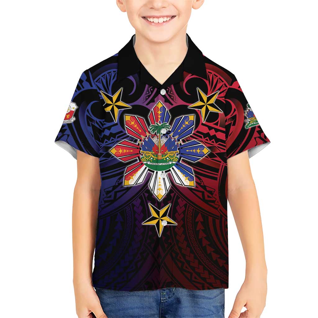 Haiti Philippines Family Matching Long Sleeve Bodycon Dress and Hawaiian Shirt Haitian Coat Of Arms With Filipino Sun LT05 Son's Shirt Black - Polynesian Pride