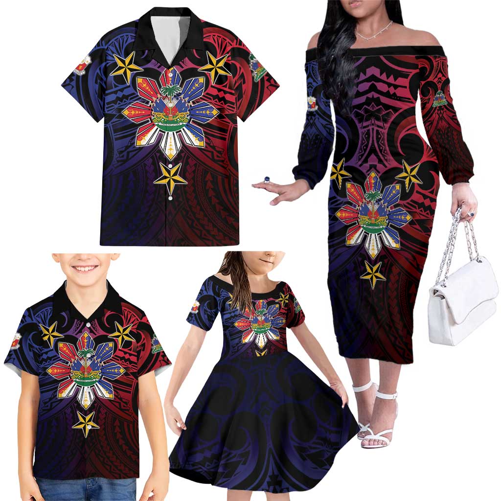 Haiti Philippines Family Matching Off The Shoulder Long Sleeve Dress and Hawaiian Shirt Haitian Coat Of Arms With Filipino Sun