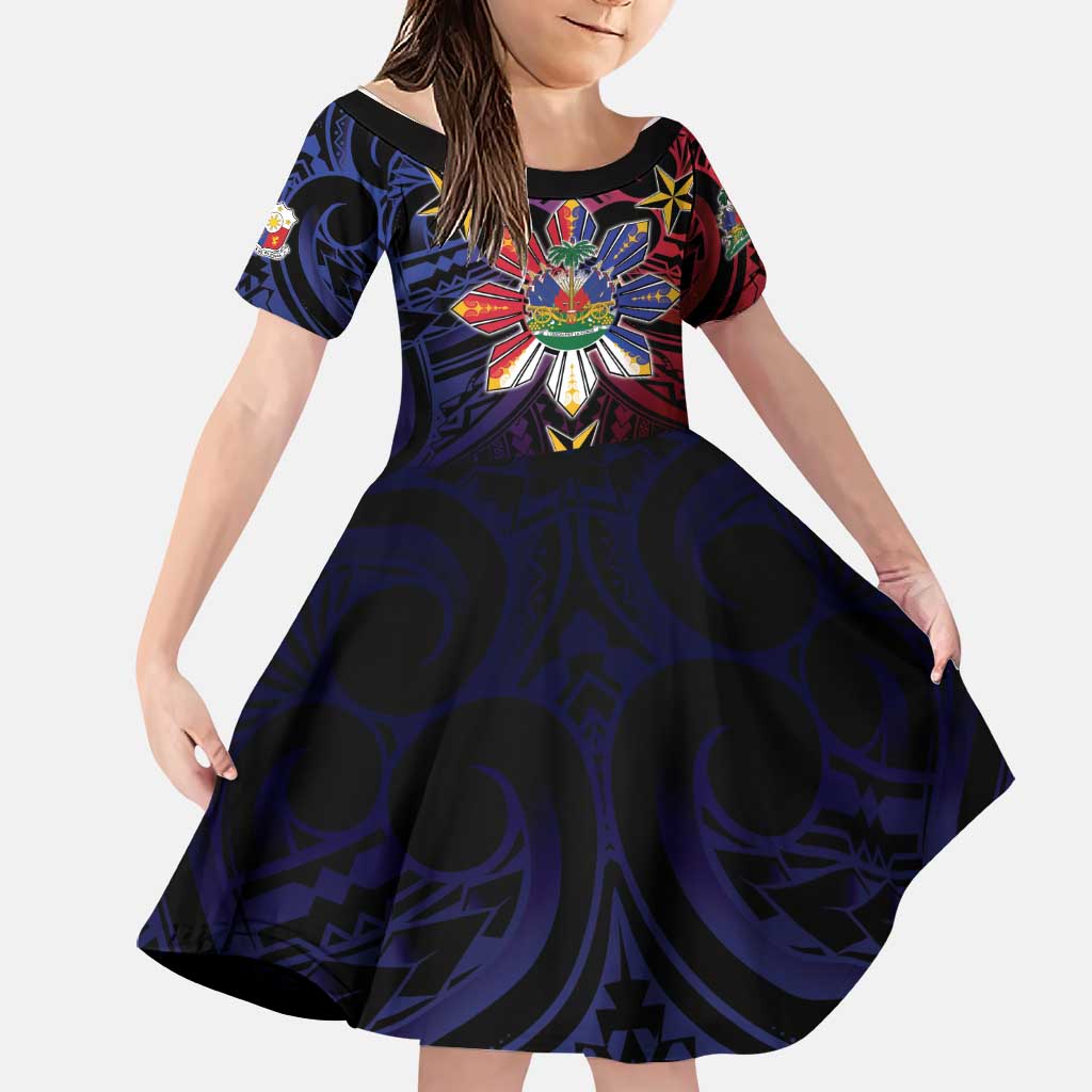 Haiti Philippines Family Matching Off Shoulder Maxi Dress and Hawaiian Shirt Haitian Coat Of Arms With Filipino Sun LT05 Daughter's Dress Black - Polynesian Pride