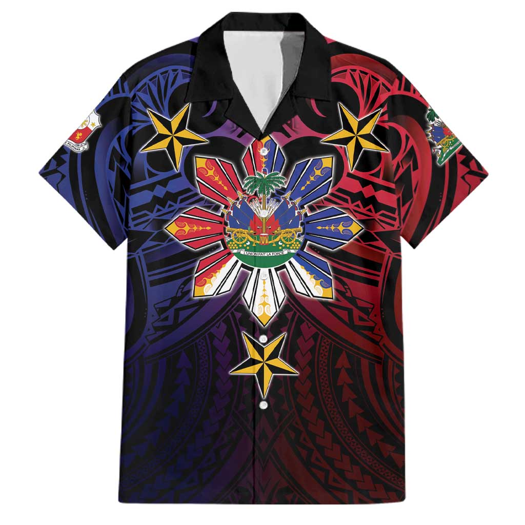 Haiti Philippines Family Matching Off Shoulder Maxi Dress and Hawaiian Shirt Haitian Coat Of Arms With Filipino Sun LT05 Dad's Shirt - Short Sleeve Black - Polynesian Pride