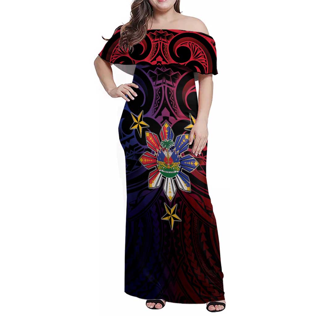 Haiti Philippines Family Matching Off Shoulder Maxi Dress and Hawaiian Shirt Haitian Coat Of Arms With Filipino Sun LT05 Mom's Dress Black - Polynesian Pride