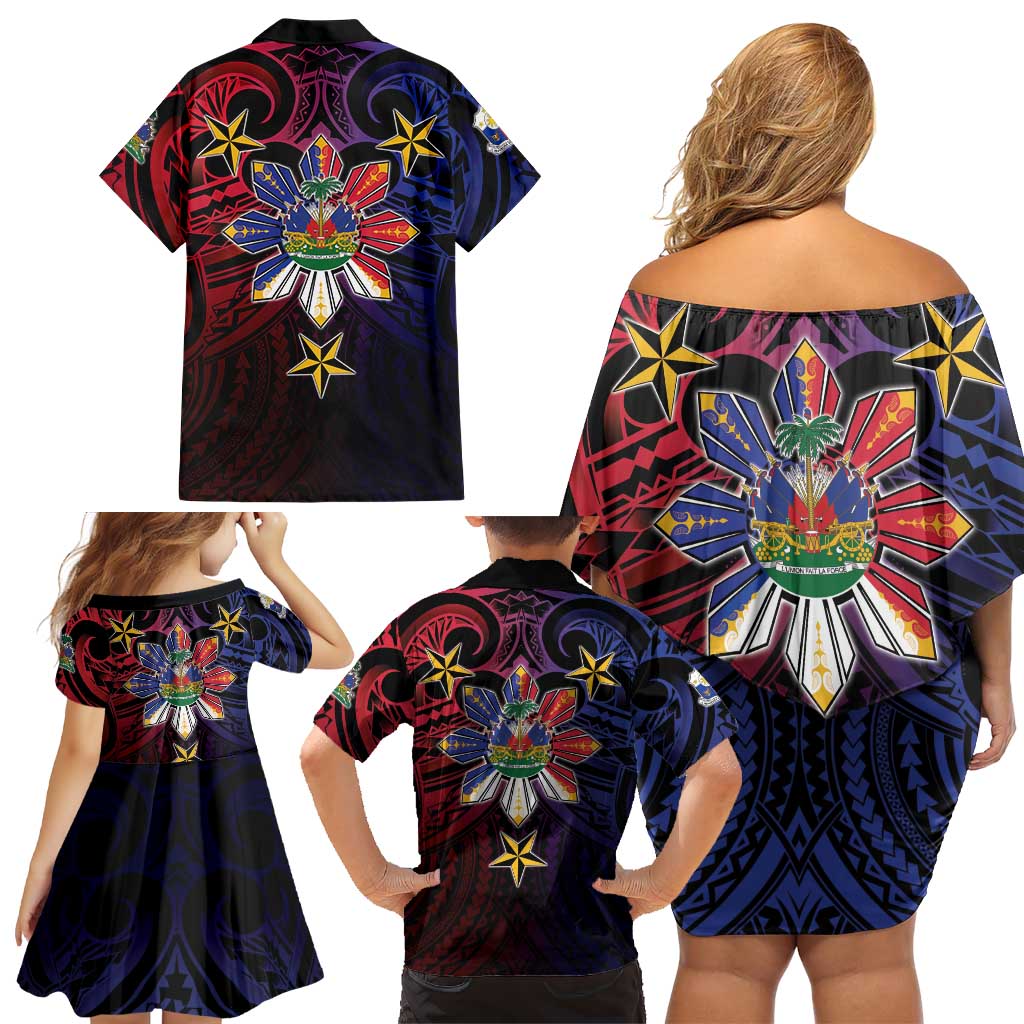 Haiti Philippines Family Matching Off Shoulder Short Dress and Hawaiian Shirt Haitian Coat Of Arms With Filipino Sun LT05 - Polynesian Pride