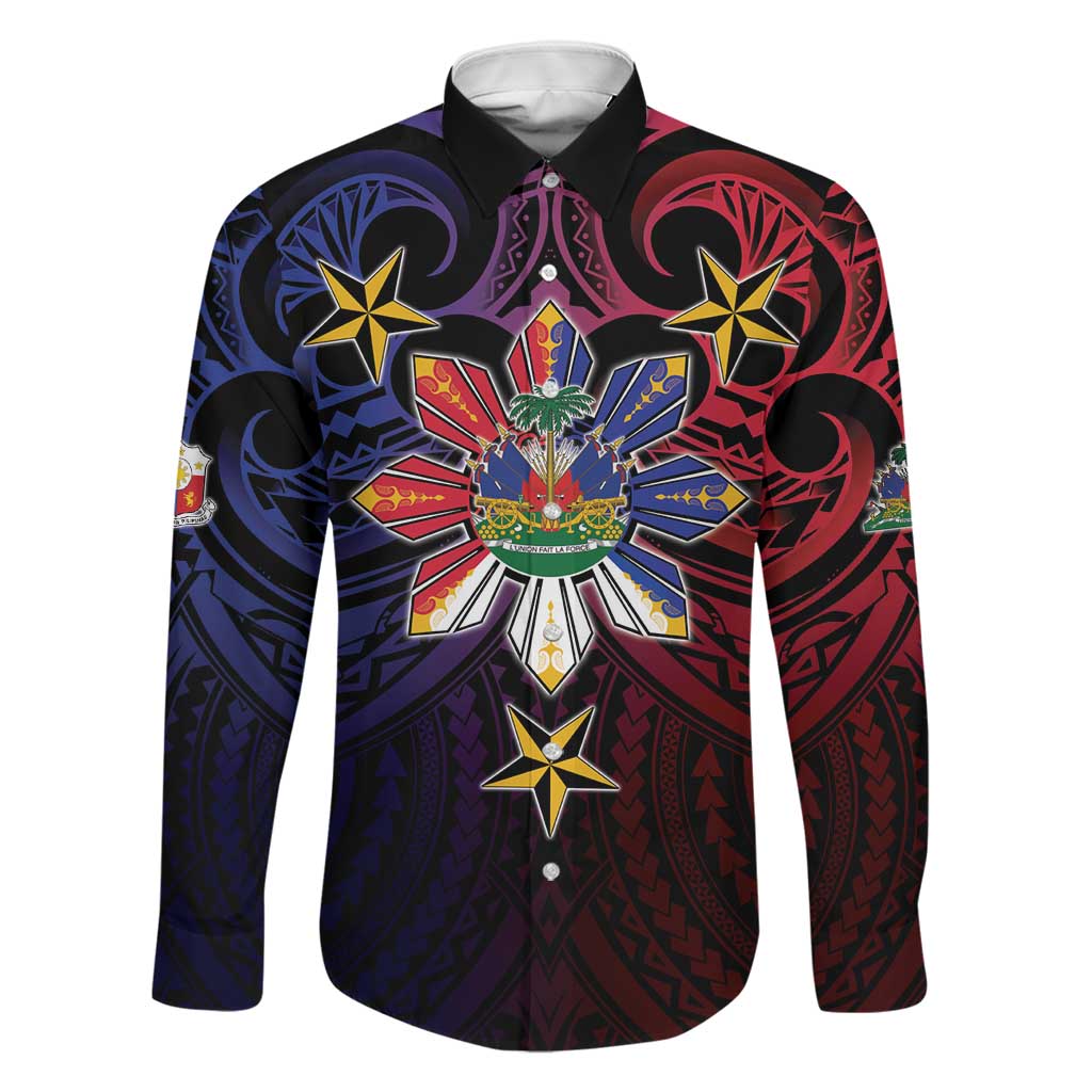 Haiti Philippines Family Matching Puletasi and Hawaiian Shirt Haitian Coat Of Arms With Filipino Sun LT05 Dad's Shirt - Long Sleeve Black - Polynesian Pride