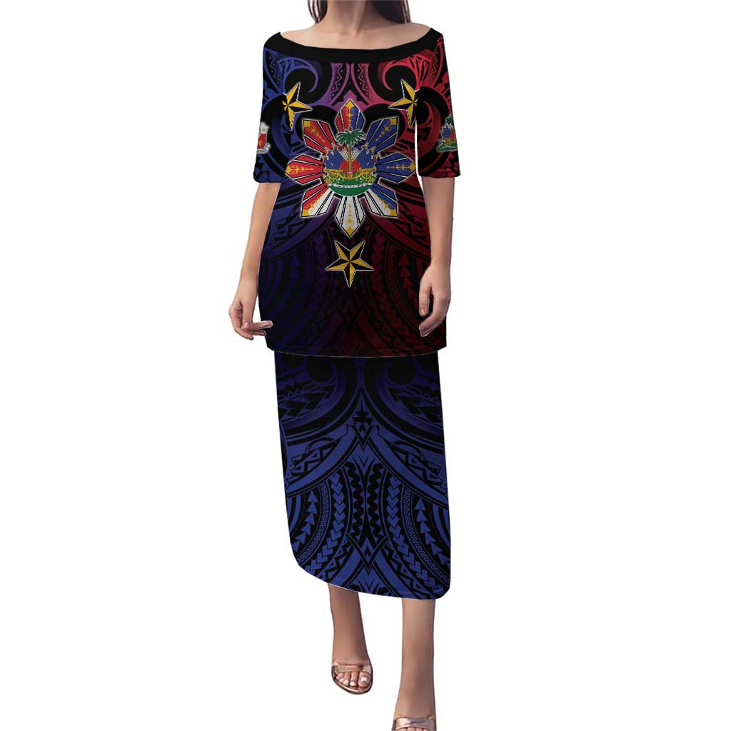 Haiti Philippines Family Matching Puletasi and Hawaiian Shirt Haitian Coat Of Arms With Filipino Sun LT05 Mom's Dress Black - Polynesian Pride
