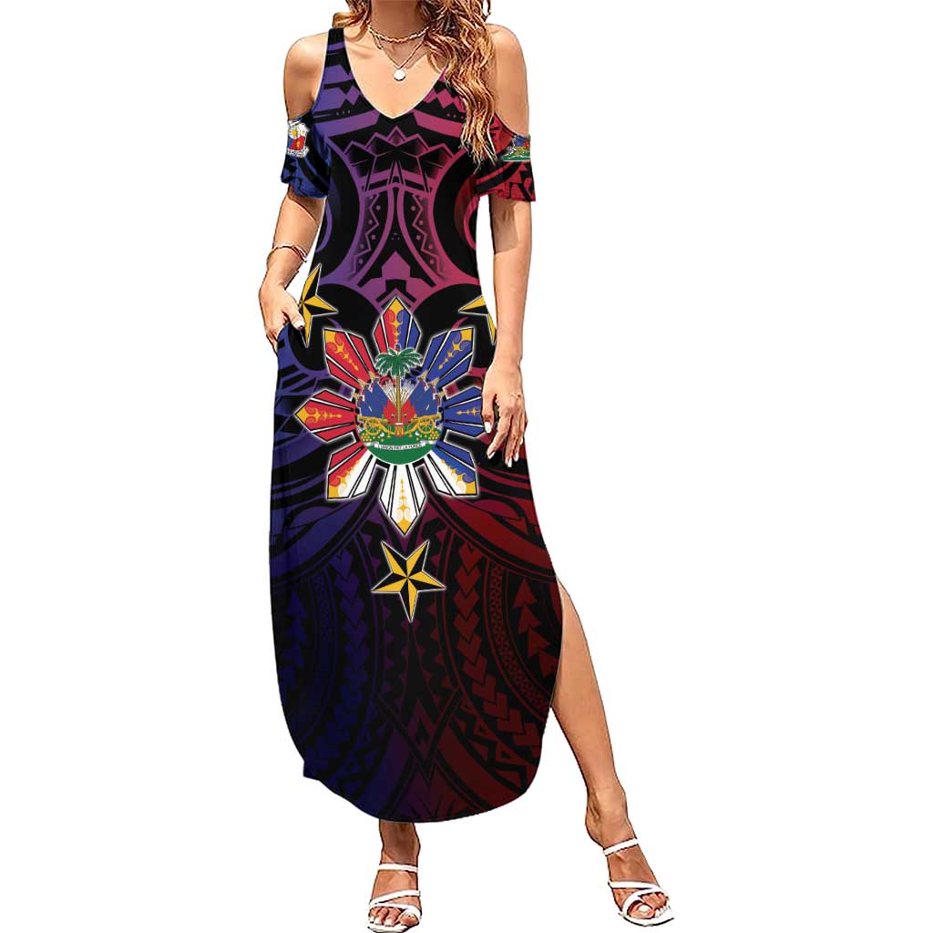 Haiti Philippines Family Matching Summer Maxi Dress and Hawaiian Shirt Haitian Coat Of Arms With Filipino Sun LT05 Mom's Dress Black - Polynesian Pride