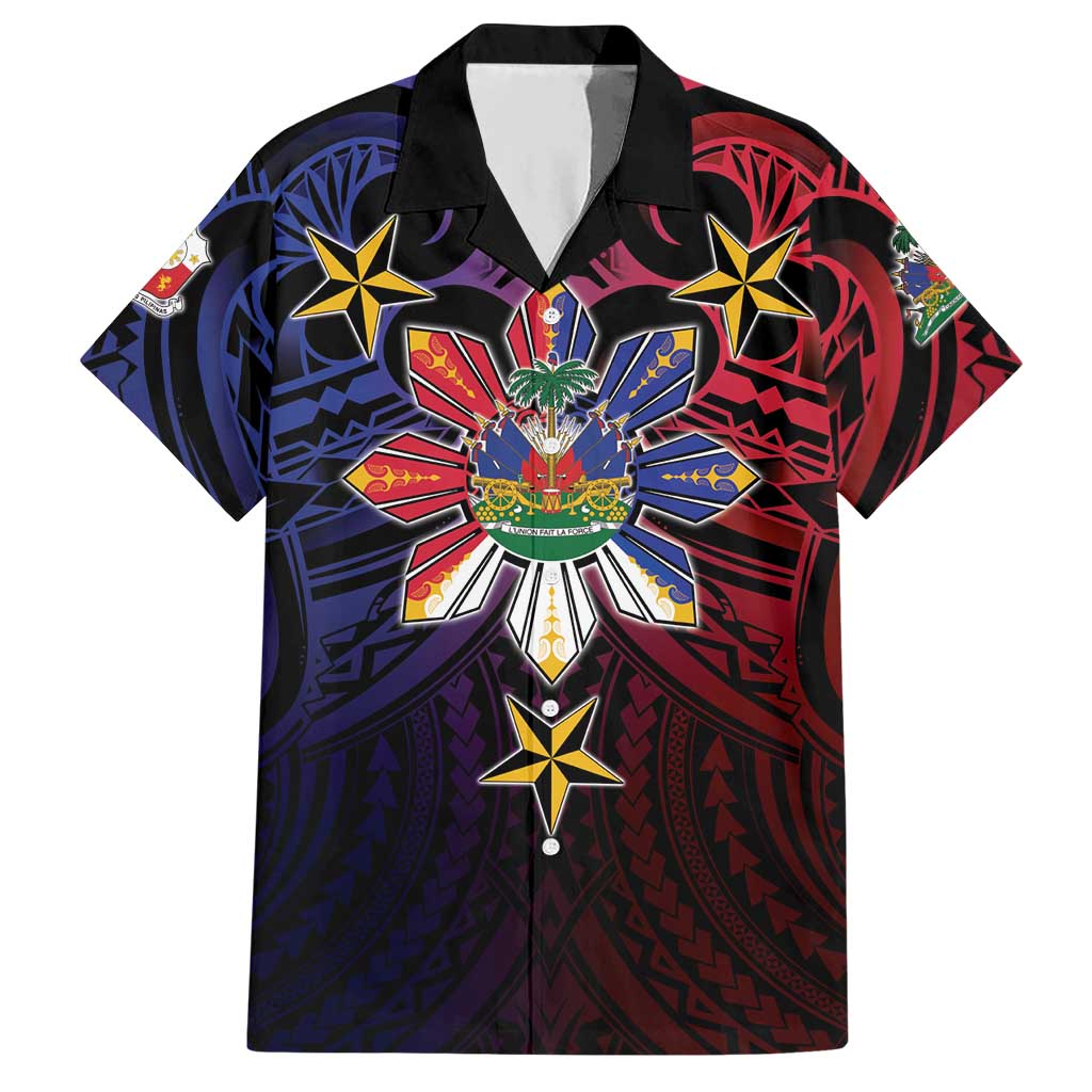 Haiti Philippines Hawaiian Shirt Haitian Coat Of Arms With Filipino Sun LT05 Black - Polynesian Pride