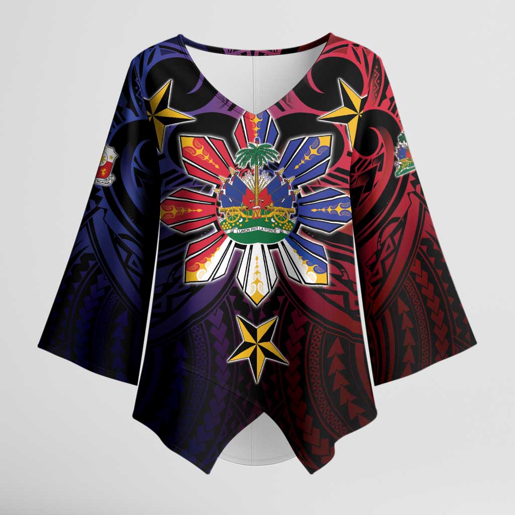 Haiti Philippines Kimono Sleeve Blouse Haitian Coat Of Arms With Filipino Sun