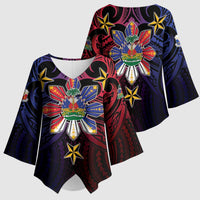 Haiti Philippines Kimono Sleeve Blouse Haitian Coat Of Arms With Filipino Sun LT05 - Polynesian Pride