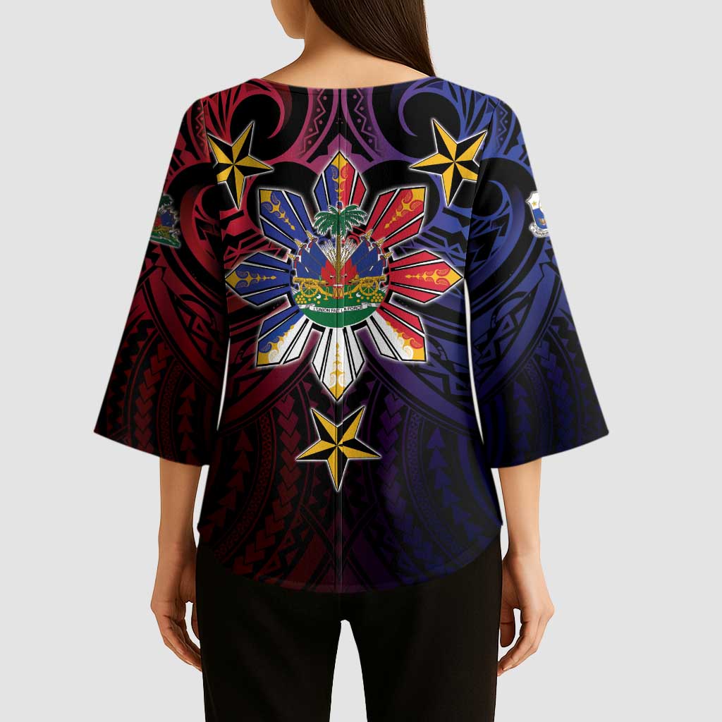 Haiti Philippines Kimono Sleeve Blouse Haitian Coat Of Arms With Filipino Sun LT05 - Polynesian Pride