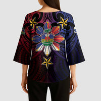 Haiti Philippines Kimono Sleeve Blouse Haitian Coat Of Arms With Filipino Sun LT05 - Polynesian Pride