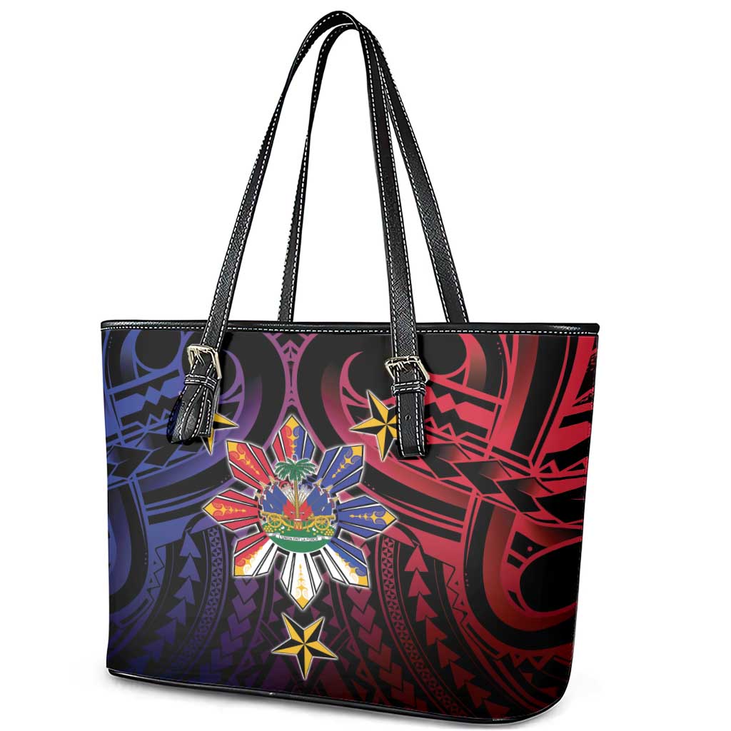 Haiti Philippines Leather Tote Bag Haitian Coat Of Arms With Filipino Sun LT05 - Polynesian Pride