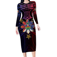 Haiti Philippines Long Sleeve Bodycon Dress Haitian Coat Of Arms With Filipino Sun LT05 Long Dress Black - Polynesian Pride