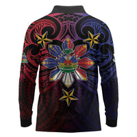 Haiti Philippines Long Sleeve Polo Shirt Haitian Coat Of Arms With Filipino Sun LT05 - Polynesian Pride