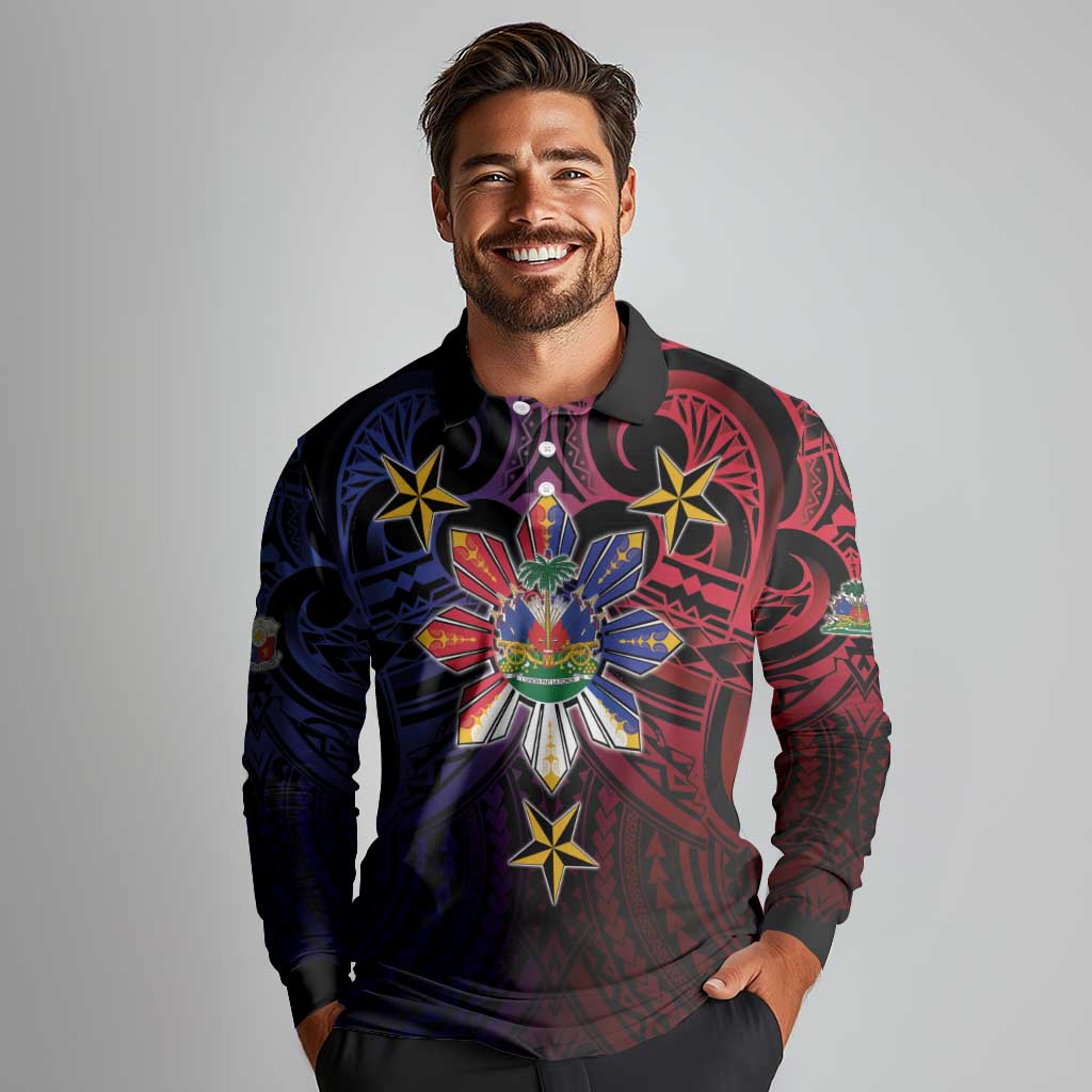 Haiti Philippines Long Sleeve Polo Shirt Haitian Coat Of Arms With Filipino Sun LT05 - Polynesian Pride