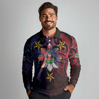 Haiti Philippines Long Sleeve Polo Shirt Haitian Coat Of Arms With Filipino Sun LT05 - Polynesian Pride